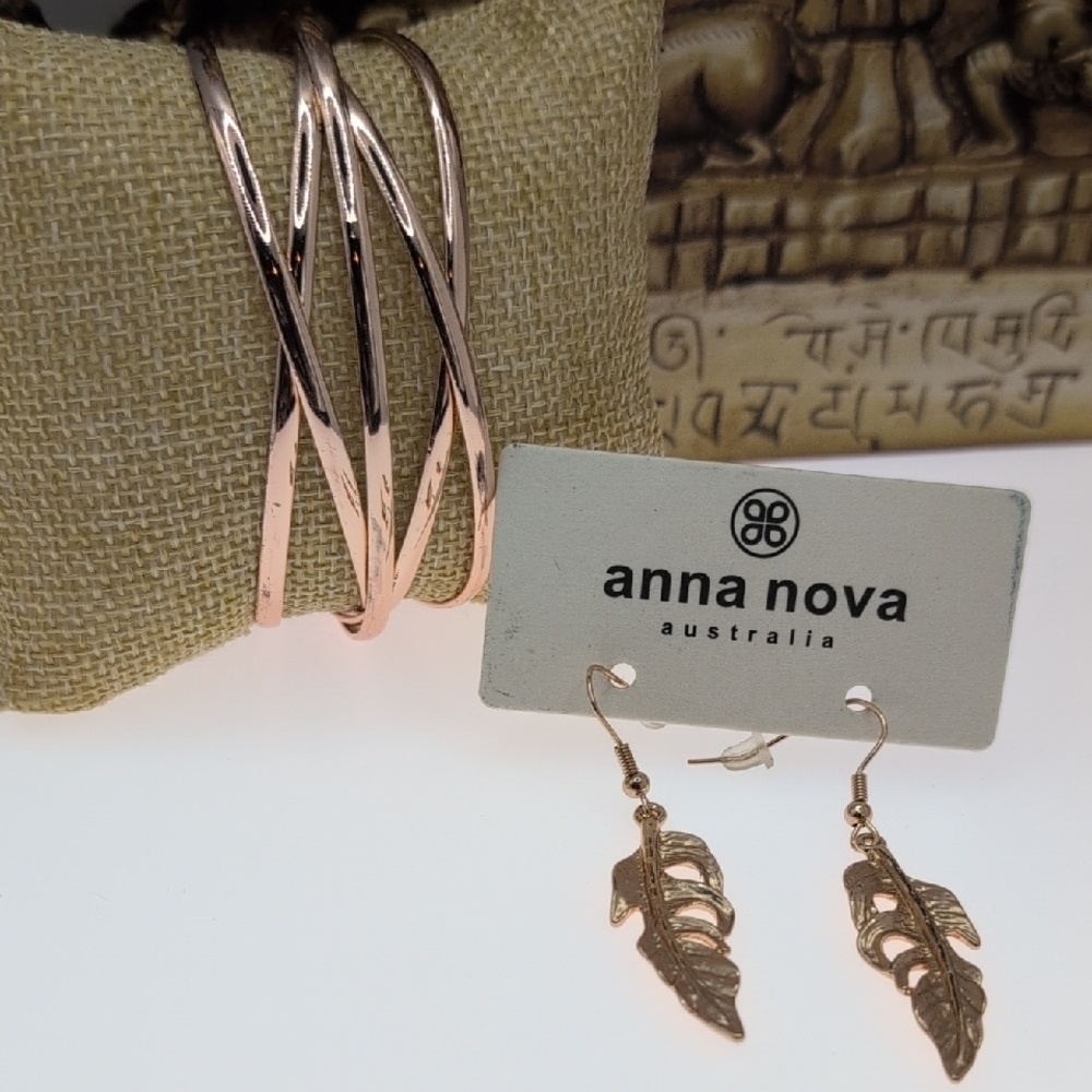 Anna Nova Rose Gold NWT Earrings And Boutique Minimalist Cuff Bracelet Bundle